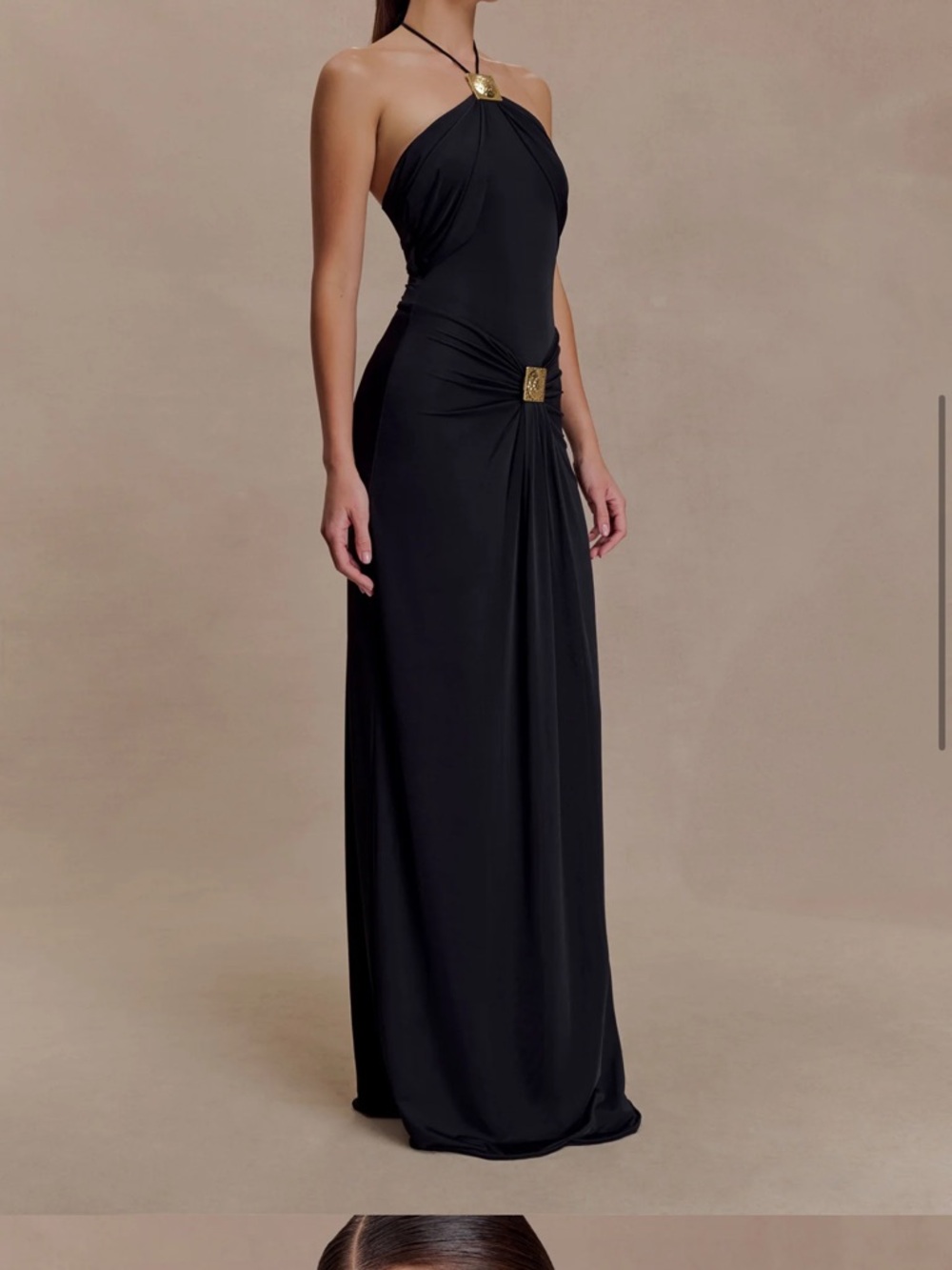 Meshki Black Halter Maxi Dress with Gold Accents - Picture 4 of 11